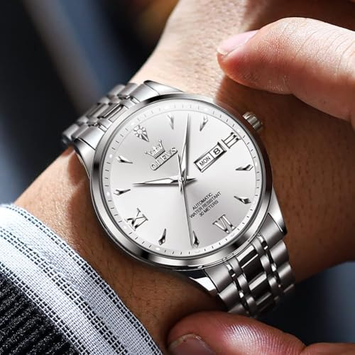 Image of OLEVS Automatic Watches for Men Self Winding Mechanical Wristwatch Luxury Business Dress Stainless Steel Luminous Waterproof Calendar Mens Watch