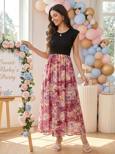 Image of OUGES Women's Maternity Dress Summer Ruffle Sleeve Patchwork Casual Flowy Maxi Dresses with Pockets