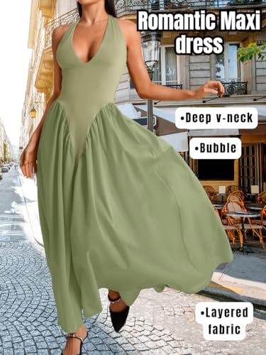 Image of ChiaoLezhee Deep V Neck Dress, Halter Maxi Dresses, Vacation Date Night, Sexy for Women Corset Flowy Wedding Guest Drop Waist