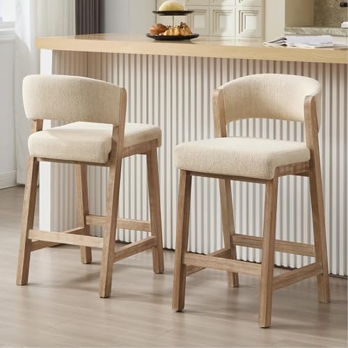 Image of Zesthouse Wooden Counter Height Stools Set of 2, Mid Century Kitchen Bar Stools with Back & Solid Wood Legs, Farmhouse Upholstered Barstools for Kitchen Island, Beige Linen Fabric+Antique Brown Finish