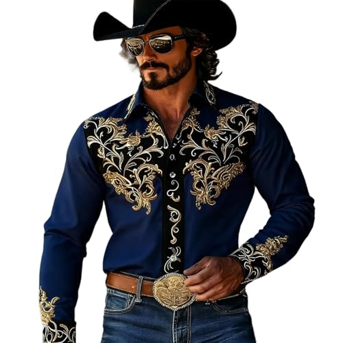 Camisa Informal Masculina de Manga Larga con Botones y diseño Floral Estilo Western para Celebraciones temáticas y Actividades al Libre (Navy, M) c56
