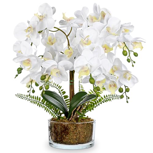 Flores artificiales de orquídeas blancas de 16.5 pulgadas en maceta, arreglos florales falsos con jarrones de cristal, centros de mesa blancos para cocina, comedor, mesas, baño, mesita de noche