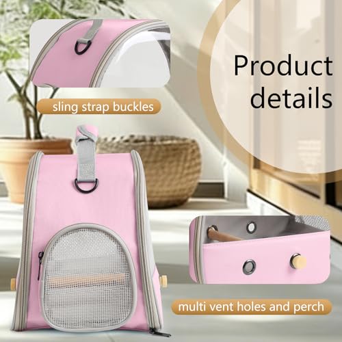 Image of Bird Carrier, Portable Small Bird Parrot Parakeet Carrier with Standing Perch and Stainless Steel Tray, Side Access Window Collapsible (Pink, Clear Windows)