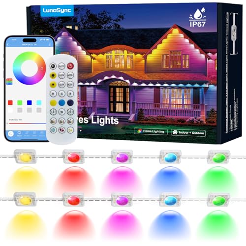 LunaSync Permanent Outdoor Lights, 150ft RGBIC Smart LED Eaves Lights with App & Remote Control, IP67 Waterproof, 50 Scene Modes for Christmas, Holiday, Pool Party & Daily Decor