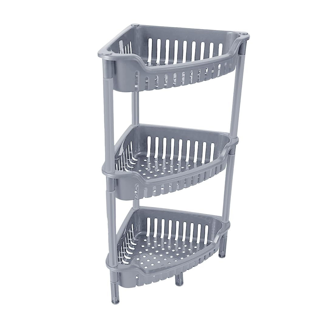 JMS we create smile - Strong Plastic Shower Caddy 3 Tier Corner Shelf - Bathroom Rack Kitchen Storage Unit Free -Standing For Shampoo Shower Gel - Home Interior Decor (Silver)