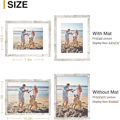 decorUhome 8.5 by 11 Picture Frame, Display Pictures 6x8 with Mat or 8.5x11 without Mat, Wall & Tabletop Display Certificate Frame, Distressed White, 1 Pack