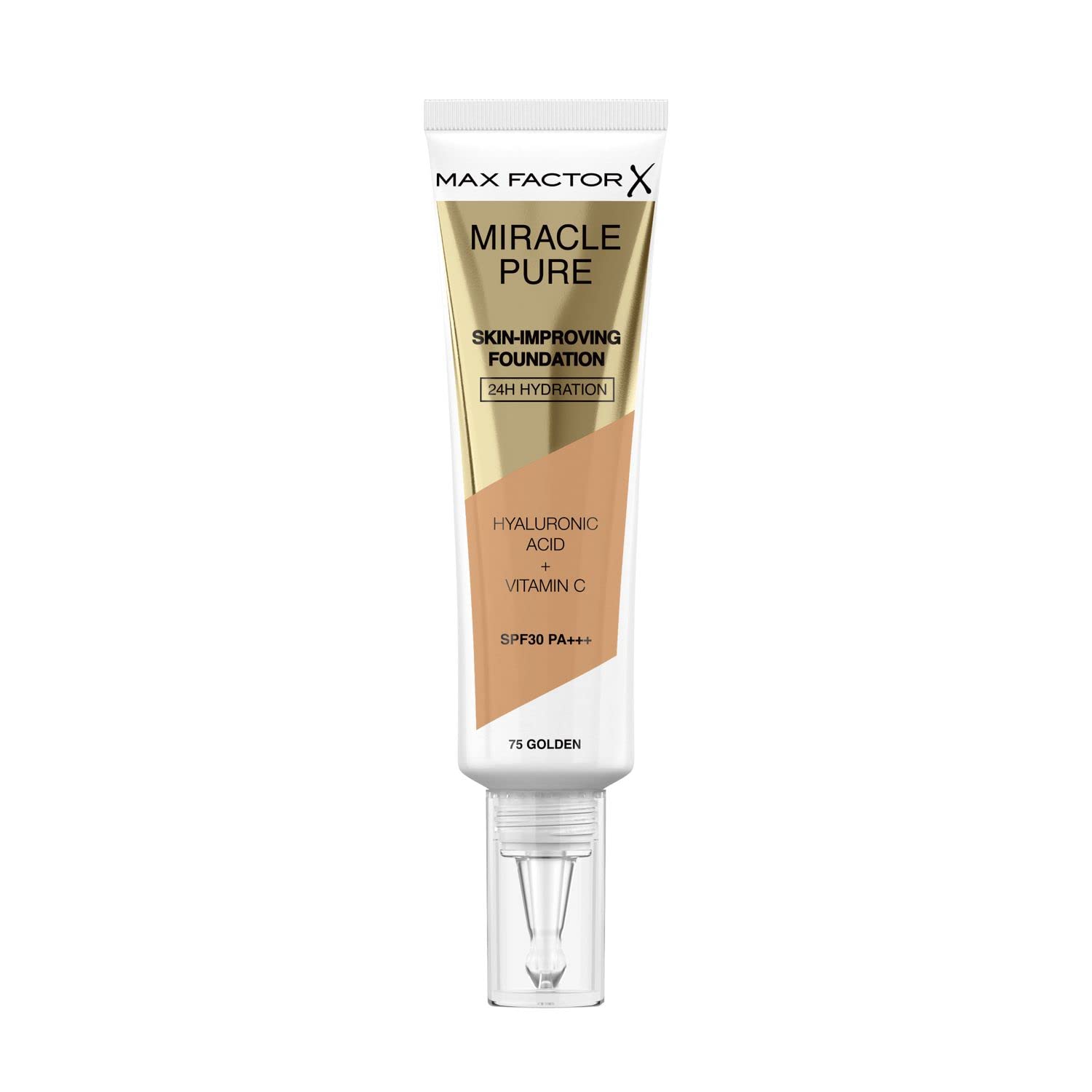 Max Factor Miracle Pure rozświetlający podkład odżywczy do twarzy z witaminą C i kwasem hialuronowym, fluid z filtrem SPF30PA+++ nr 75 Golden, 30 ml