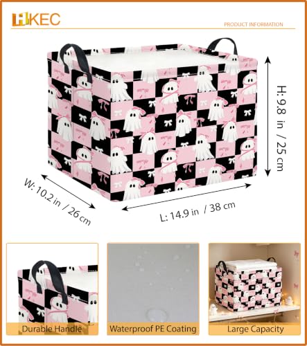 Image of Rectangle Storage Basket with Handles,Collapsible Storage Bin,Gift Basket(Pink Check Halloween)