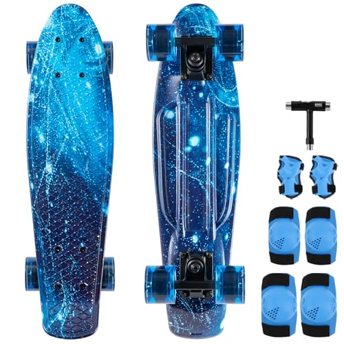 Arrow Board - 22 Zoll Skateboard, KMX Mini Cruiser Skateboard für Kinder, Jugendliche, Junge und Mädchen, Retro Stil Penny Board. LED Leuchtrollen (22 Zoll Galaxie Geschenkset LED-Räder)