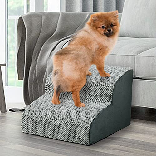 A.FATI Hundetreppe für Kleine Hunde | 2 Stufen Hunderampe aus hochdichtem Schaumstoff für Couch|Sofa, rutschfeste Haustiertreppe 30cm Hoch - mit Hundespielzeug Seil (grau)