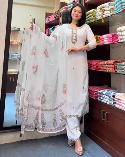Image of Women's Embroidery Work Georgette Fabric Kurti With Pant & Dupatta | Round Neck & 3 /4 Sleeve | Lightweight & Breathable Fabric-WHITE
