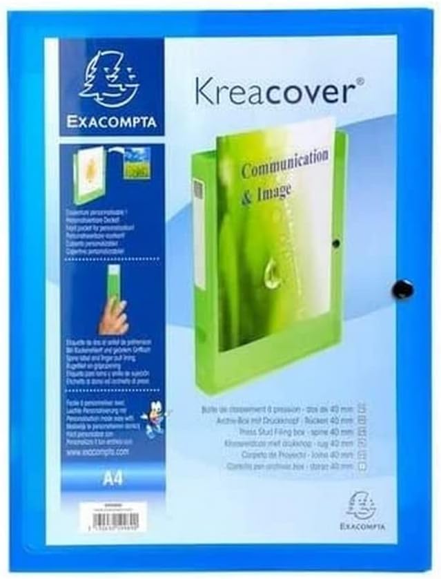 Exacompta - Ref 59982E - 5 File Boxes with Kreacover snap Closure - Customizable on 1 Side - Translucent Polypropylene - 4 cm Spine - Size 25x33cm - for A4 - Color Blue