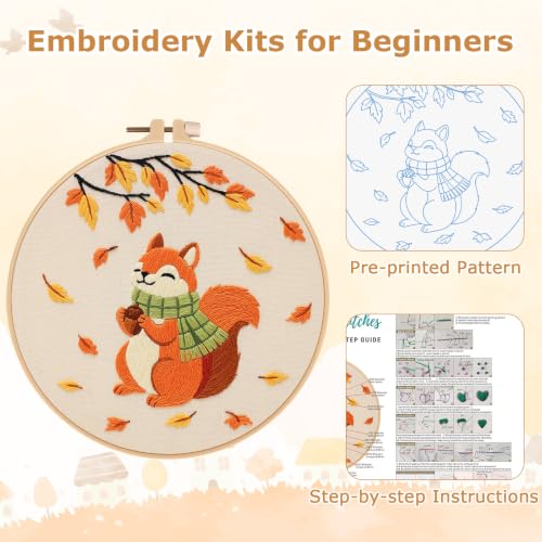 Image of Louise Maelys Autumn Squirrel Embroidery Kit for Beginners Adults | Cross Stitch Kit for Adults,Stamped Pattern, Complete Easy Needlepoint Kit, Easy Craft Thankgiving Gift And Room Decor