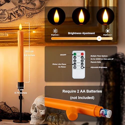 Image of Homemory 6 Pcs Orange Flameless Taper Candles with Remote, Timer, Dimmer, Battery Operated CandleSticks with Flickering Light, Plastic Led Window Candles, for Halloween Decoration 9.6 Inches