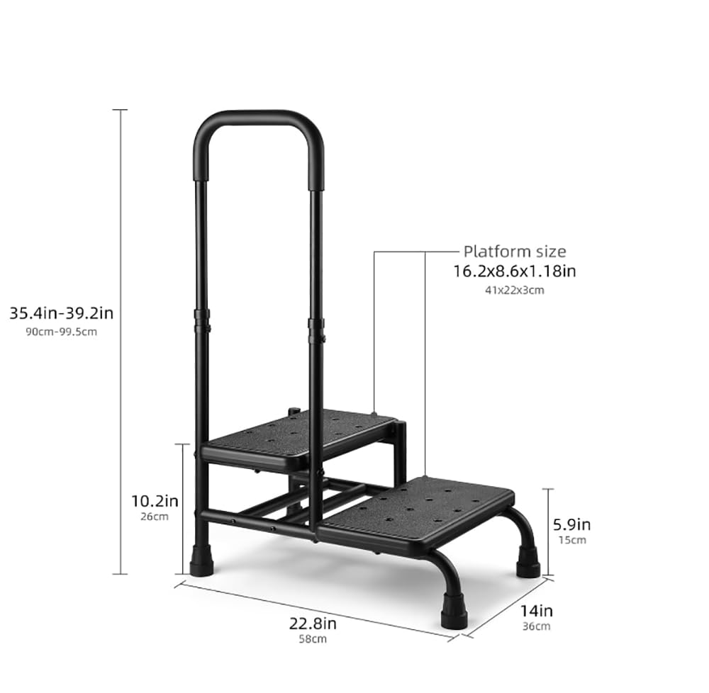 Step Stool with Handle, 400 lbs Adjustable 2 Steps Stool with Handrail for Adults and Seniors, Easy Assmbly Medical Foot Step Stool for Bed, Kitchen, Car, Bathtub (Schwarz)