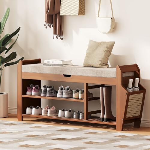 PETKABOO 39.4' Bamboo Shoe Rack Bench, 3-Tier Entryway Bench with Thick Cushion, Flip-Top & Side...
