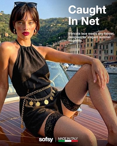 Image of sofsy Italian-Made Soft Fishnet Stockings for Women | 10-Year Hosiery Craftsmanship, Soft Dual Silicone Lace Top, Thigh Highs, Small Grid, Dig-Free, Stretchy