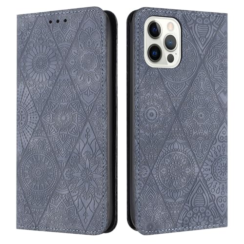Étui à fleurs iPhone 17 Pro gris portefeuille protégeant écran et cartes
