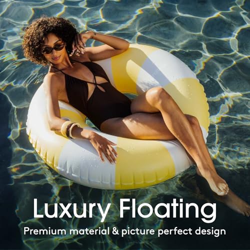Image of FUNBOY Giant Yellow & Blue Stripe Inflatable Pool Float with Cup Holder, 48 inch Adult Inner Tube Swim Ring Pool Lounger