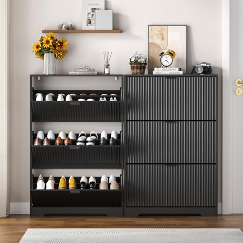 Image of HUANLEGO Shoe Cabinet Storage for Entryway with 3 Flip Drawers, Black Fluted Shoe Cabinet with Adjustable Shelves, Wooden Hidden Shoe Rack Freestanding Narrow Slim Shoes Storage for Hallway, Entrance