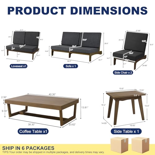 Image of Pia Ricoo 6-Piece Patio Furniture Set, Outdoor Wood Sofa with Loveseat, 2 Chairs, Coffee Table & Side Table, All-Weather Conversation Set for Backyard /Deck /Lawn - Dark Gray