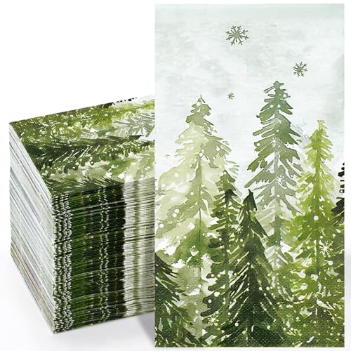 Homlouue 100 PCS Christmas Napkins Disposable, 3-Ply Watercolor Cedar Snowflake Napkins, Christmas Paper Napkins Hand Towels for Bathroom, Christmas Dinner Napkins Disposable for Xmas Winter Holiday