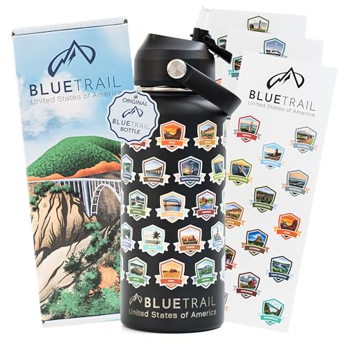 BlueTrail 50 States Water Bottle with Stickers - 32 oz Insulated Stainless Steel, Upgraded...