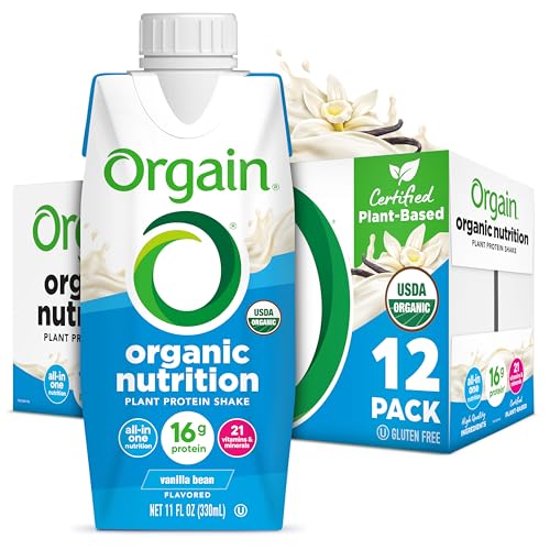 Orgain Organic Nutritional Vegan Protein Shake, Vanilla Bean - 16g Plant Based Protein, Meal Replacement, 21 Vitamins & Minerals, Fruits & Vegetables, Gluten Free, Non-GMO, 11 Fl Oz (Pack of 12)