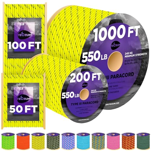 Image of TECEUM Reflective Paracord Rope 1000 - 1000ft /200ft /100ft /50ft - 40+ Colors - Glow in the Dark - para Cord - Utility Rope for Survival, Hunting & Camping Gear - Nylon String, Camping Rope, Tent Cord