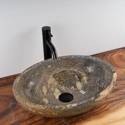 MIDUSO 100% Handcrafted Oval River Stone Vessel Sink; Real Stone Sink; Unique Vessel Sink; Above Counter Sink; Bathroom Vessel Sinks; Stone Bowl Sink; Oval_RiverStone_012 Cover