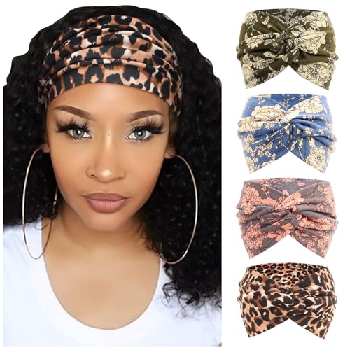 Image of DRESHOW 4 Pack Turban Headbands for Women Wide Vintage Head Wraps Knotted Cute Hair Band Accessories