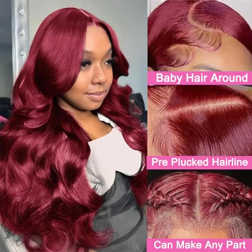 Image of 30 Inch 99j Burgundy Lace Front Wigs Human Hair 13x4 HD Transparent Wine Red Burgundy Body Wave Human Hair Lace Front Wigs for Women 180 Density Pre Plcked Human Hair Lace Frontal Wig with Baby Hair