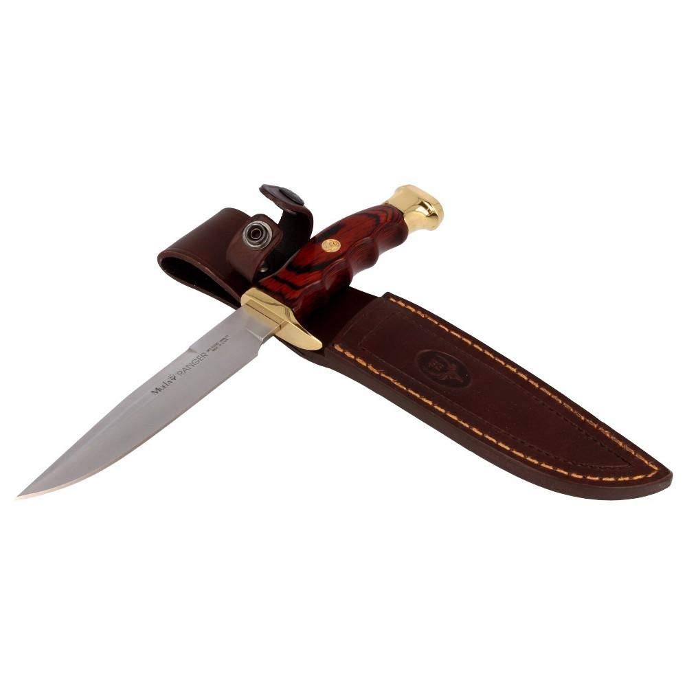 Muela Cuchillo RANGER-14R hoja de acero ACX-380 de 14 cm y empuñadura madedera de coral para Caza, Pesca, Supervivencia y Bushcraft Realizado en Ciudad Real + Portabotellas de regalo