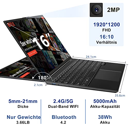 AOCWEI Laptop 16 Zoll 12GB RAM 512GB ROM Erweiterungen 2,5" 1 TB SSD, Laptop Win 11 mit 4-Core CPU N5095 (bis zu 2,9 GHz), 1920 * 1200丨5G WiFi丨Bluetooth & Deutsche Tastatur Aufkleber-Schwarz – Bild 5
