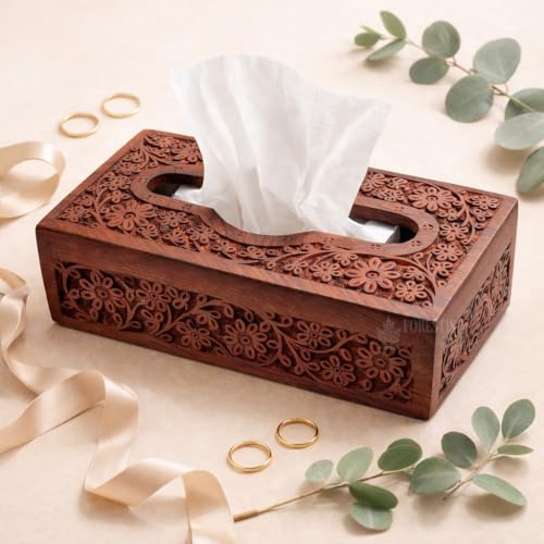 Image of Wooden Tissue Box| Acacia Wood Napkin Box| Tissue Holder Organizer for Table, Home, Office, Car| Rectangular Facial Paper Cloth Storage Case| Dispenser (9X5 Inches, Acara)
