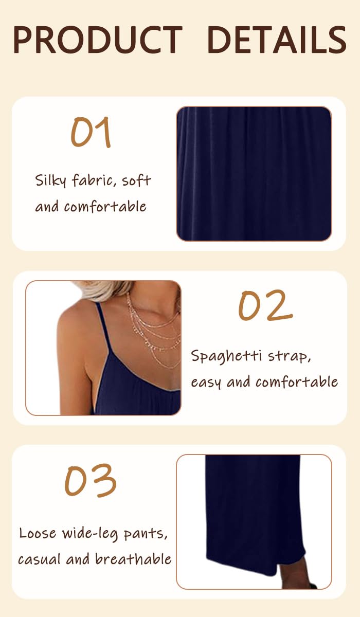 Combinaison Femme Été Sans Manches Casual Jumpsuit Chic et Élégant Bretelles Spaghetti longue femme Col V Combinaison à jambes larges poches Style bohème Sans manches