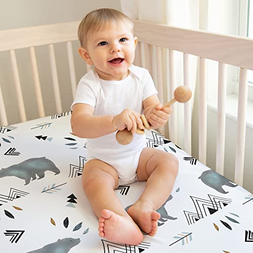 Image of Sweet Jojo Designs Slate Blue Bear Mountain Boy Baby Fitted Crib Sheet Set Nursery Soft Infant Newborn Fits Standard Mattress or Toddler Bed - 2pc - Black and White Watercolor Woodland Forest Animal