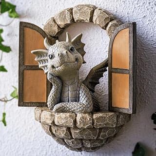 POIU Courtyard Dragon Sculpture Wall Decoration, Weatherproof Resin Statue Miniatures, Lovely Resin Garden Dragon Statue Art Figurines Decor Ornaments for Patio Yard (Style A) (POIU-0257)