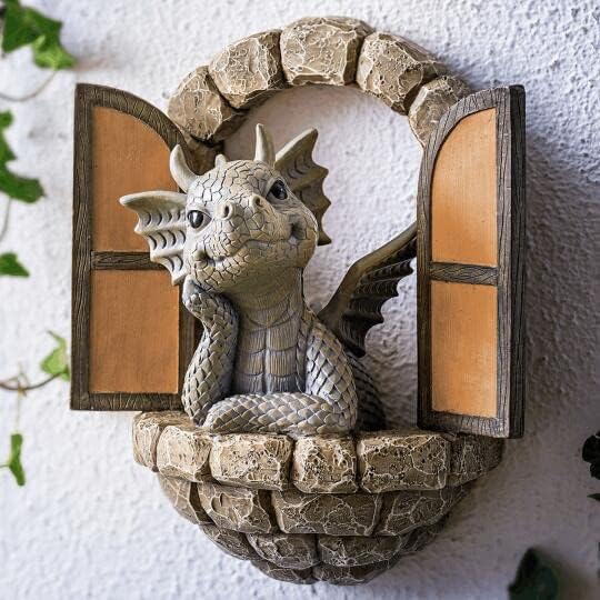 POIU Courtyard Dragon Sculpture Wall Decoration, Weatherproof Resin Statue Miniatures, Lovely Resin Garden Dragon Statue Art Figurines Decor Ornaments for Patio Yard (Style A) (POIU-0257)
