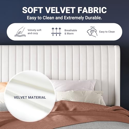 Image of Allewie Full Size Velvet Bed Frame /Vertical Channel Tufted Wingback Headboard /Upholstered Platform Bed /Strong Wooden Slats /No Box Spring Needed /Easy Assembly /White