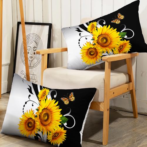 Image of AILONEN Black and White Floral Comforter Set Queen Size, Yellow Sunflower Bedding Set for Girls Kids Women,Soft Lightweight Microfiber Duvet Set 3 Piece All Season,1 Comforter with 2 Pillowcases