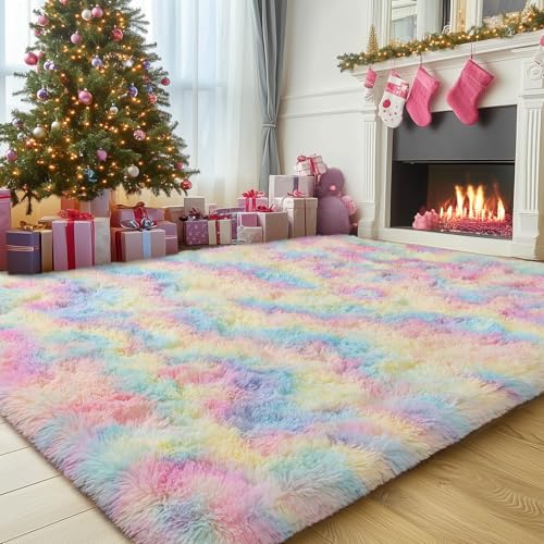 Fluffy Colorful Rainbow Rug 5 x 7, Plush Area Rugs for Bedroom Living Room, Large Fuzzy Carpet for Girls Kids Nursery Room Dorm, Non-Slip & Soft Shag Rug for Home Decor