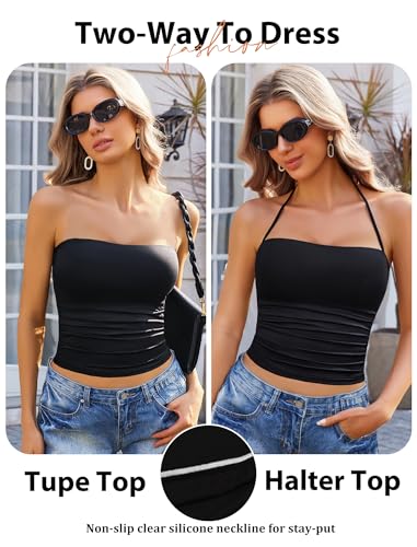 Image of Avidlove Halter Tops for Women Going Out Double Lined Sexy Crop Tank Top Ruched Slim Fit Cami Y2K Outfits Womens Summer Tops