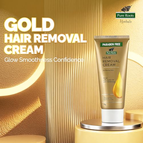 Image of Pure Roots Gold Hair Removal Cream 50g (Pack of 3) Gentle formula Enriched with Jojoba Oil, Painless, Easy and Effective Hair Removal Cream for Women and Men - 150g