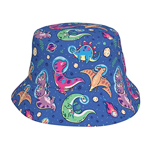 Cute Funny Anime Dinosaur Dino Space Galaxy Blue Print Bucket Hat Fisherman Fishing Sun Cap for Adult Women Men Girl Boy Unisex