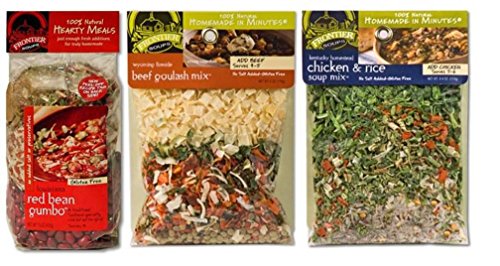 Frontier Soups 100% Natural Homemade In Minutes Gluten-Free Soups 3 Flavor Variety Bundle: (1) Louisiana Red Bean Gumbo, (1) WY Fireside Beef Goulash and (1) KY Homestead Chicken & Rice, 4.5-15 Oz Ea