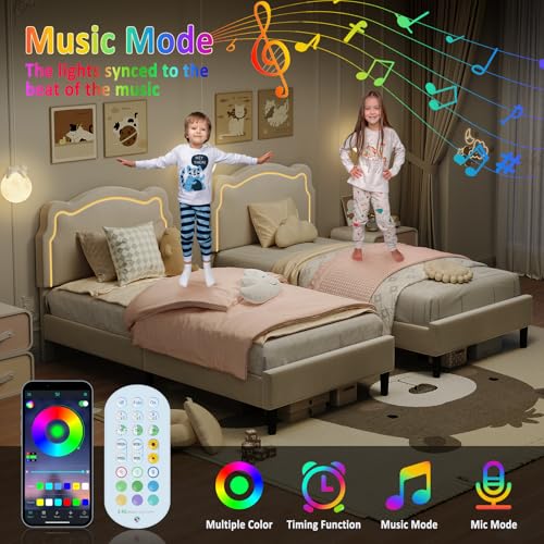 Image of GarveeHome Twin Upholstered Smart LED Bed Frame with Headboard, Velvet Princess Platform Bed Frame for Kids, Wooden Slats Support, No Box Spring Needed (Beige)