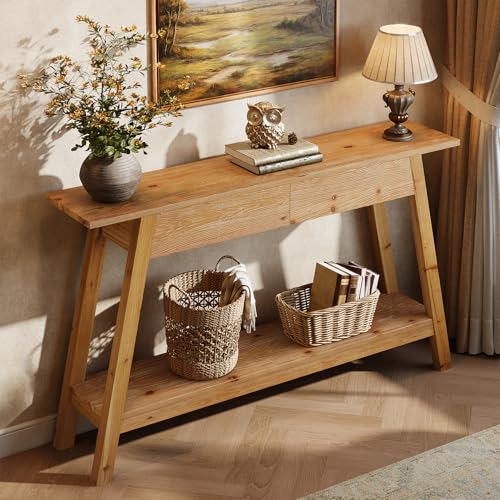 TRIBEWOOD Mesa consola de madera maciza, mesa de entrada de 110 cm con 2 cajones, mesa consola de sofá de dos niveles con espacio de almacenamiento para pasillo, salón, vestíbulo y entrada