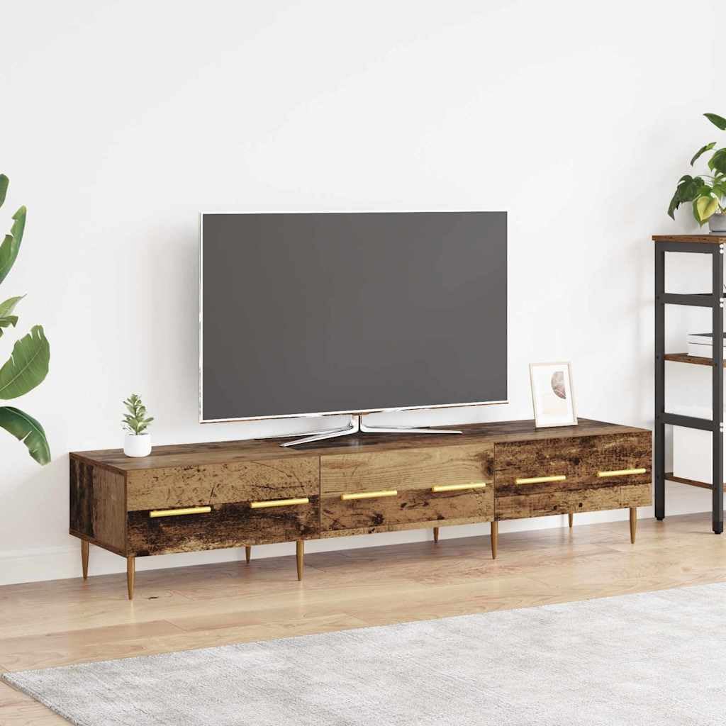 TV meubel met lade en 3 planken, 150 x 36 x 30 cm, rustiek hout effect, vintage design, gouden poten, entertainment center voor woonkamer, opbergkast voor multimedia apparaten, stabiel hout materiaal