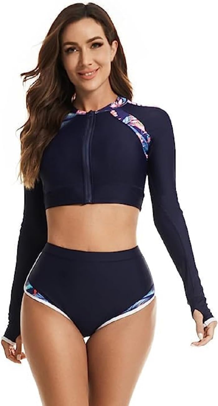 GenericWomems Swimsuits Long Sleeve Two Piece Rash Guard UV Protection Crop Top Bathing Suits(Dark Blue)